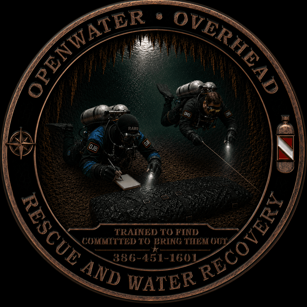 Open Water Overhead Rescue and Water Recovery emblem — two technical cave divers recovering a person, with the team motto: trained to find, committed to bring them out.